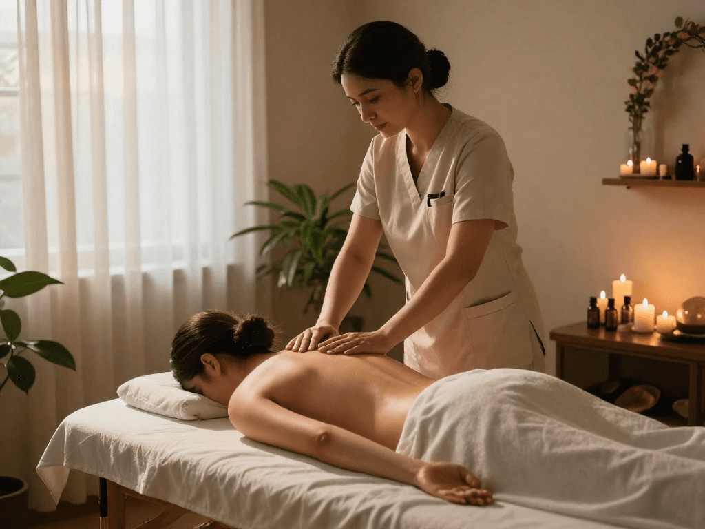 신림동출장안마 - therapist providing a calming massage in a serene spa.