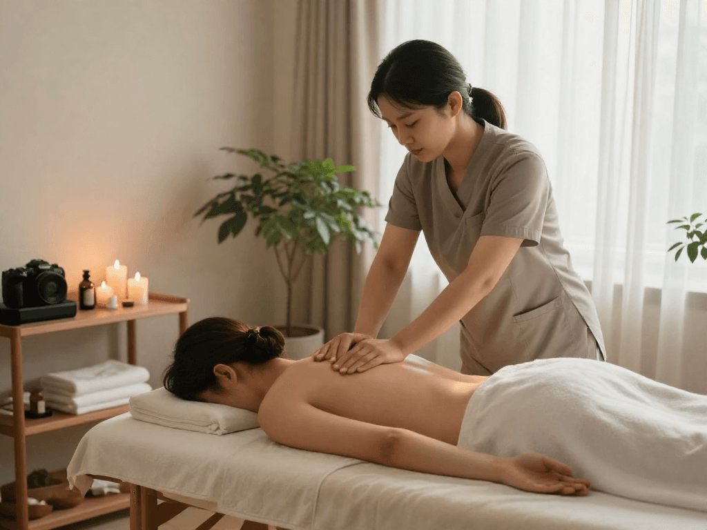 Relaxing 하남출장마사지 session with professional therapist in calming home environment.