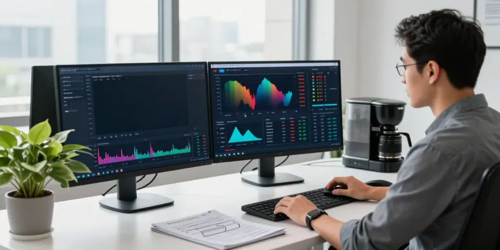 Trader engaging with the Slate Capivex platform in a modern office, analyzing real-time cryptocurrency market data.