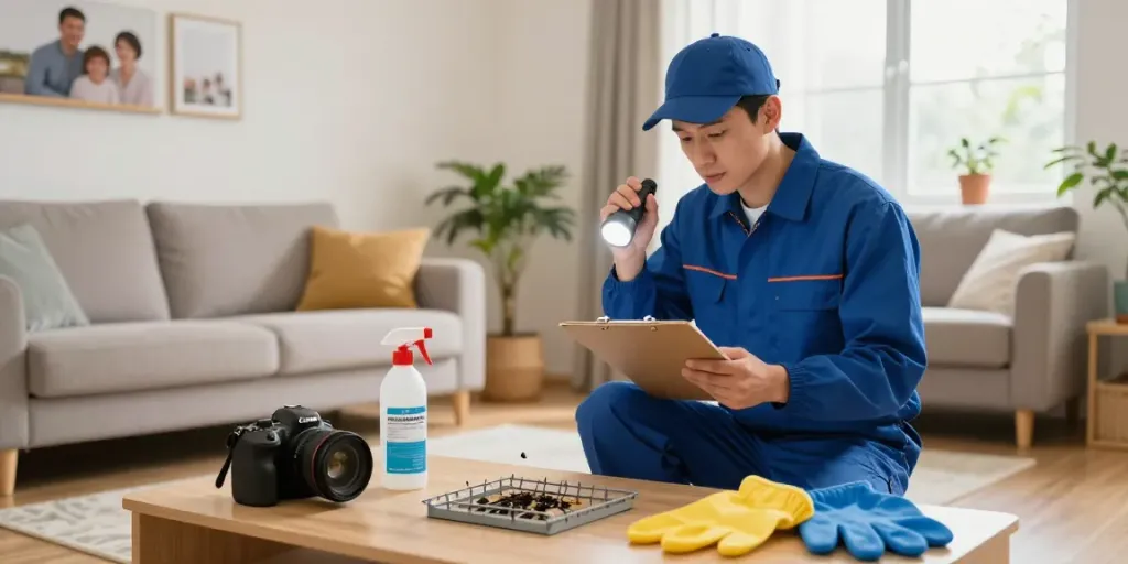 Pest control professional inspecting a living room for bugs and rodents with tools to ensure safe pest management.