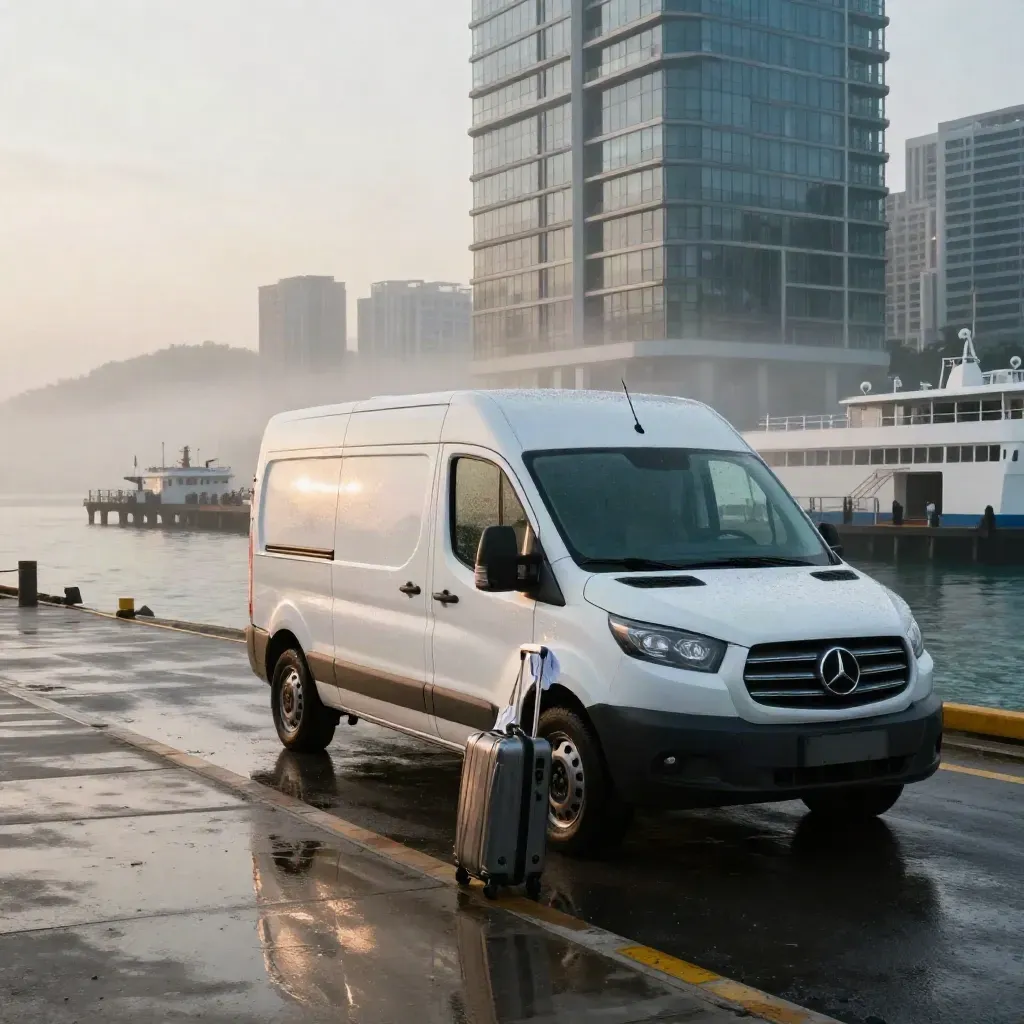 White airport van by a rain-slick ferry dock at dawn, suitcase and hotel tower behind.