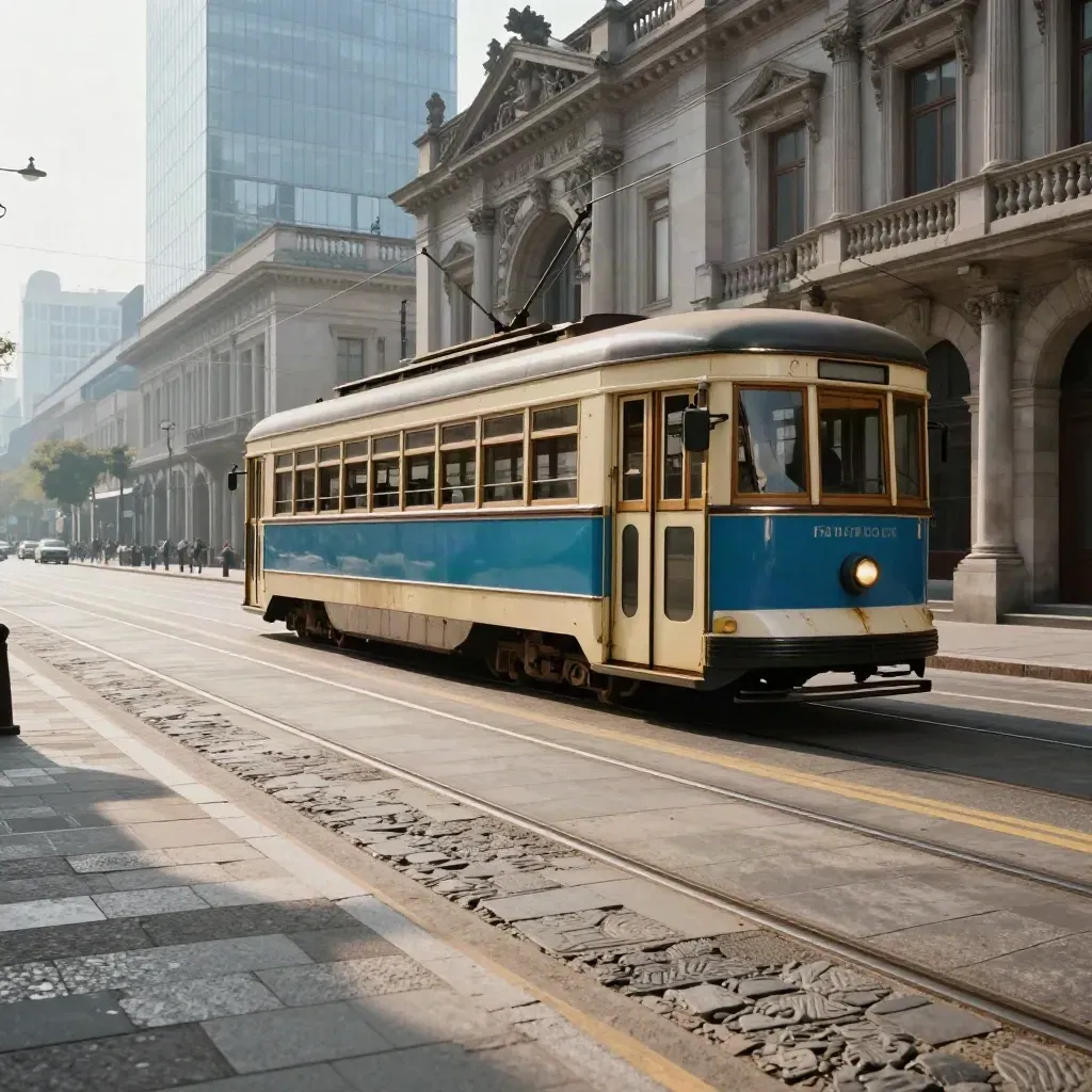 Heritage streetcar crosses a stone intersection beside museum steps and a glass tower.