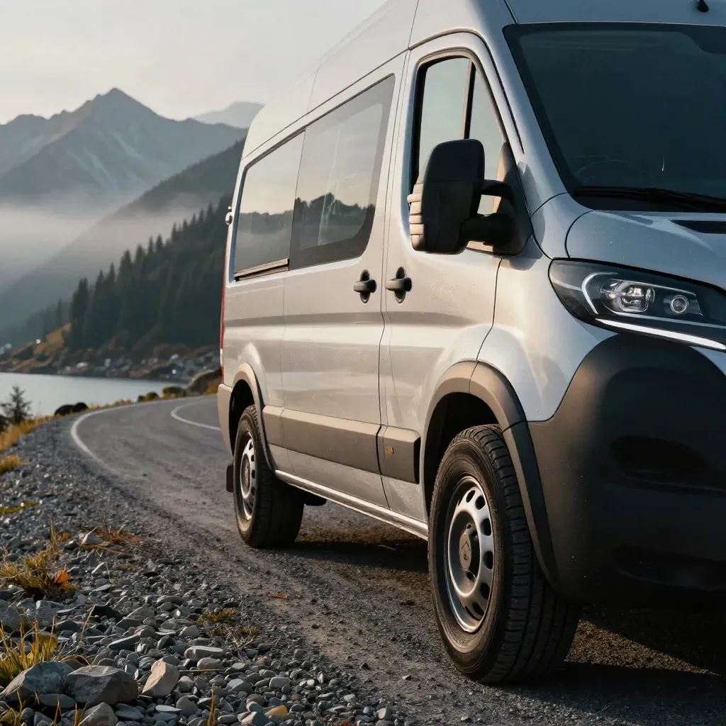 Low-angle shuttle van at a misty Banff turnout beside lake, evergreens and peaks.