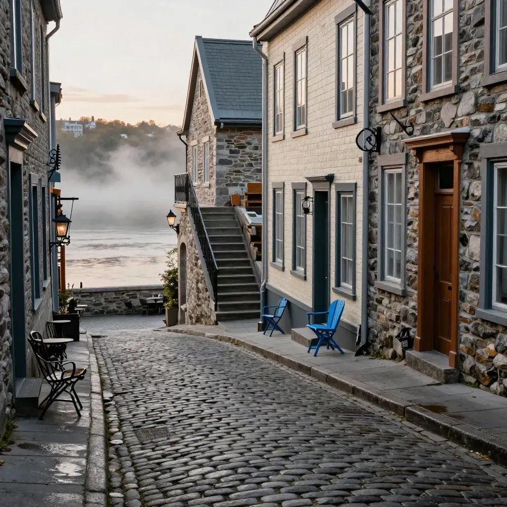 Cobblestone lane climbs past café chairs and a river wall toward Quebec City's old quarter.