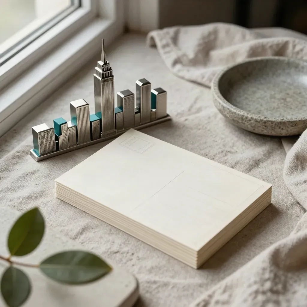 Minimal travel still-life with skyline figurine, postcard stack, stone dish, linen cloth, and plant cutting.