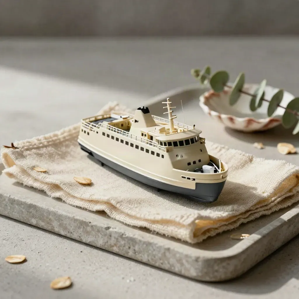 Mini ferry model on a stone tray with cloth, shell dish, and eucalyptus sprig